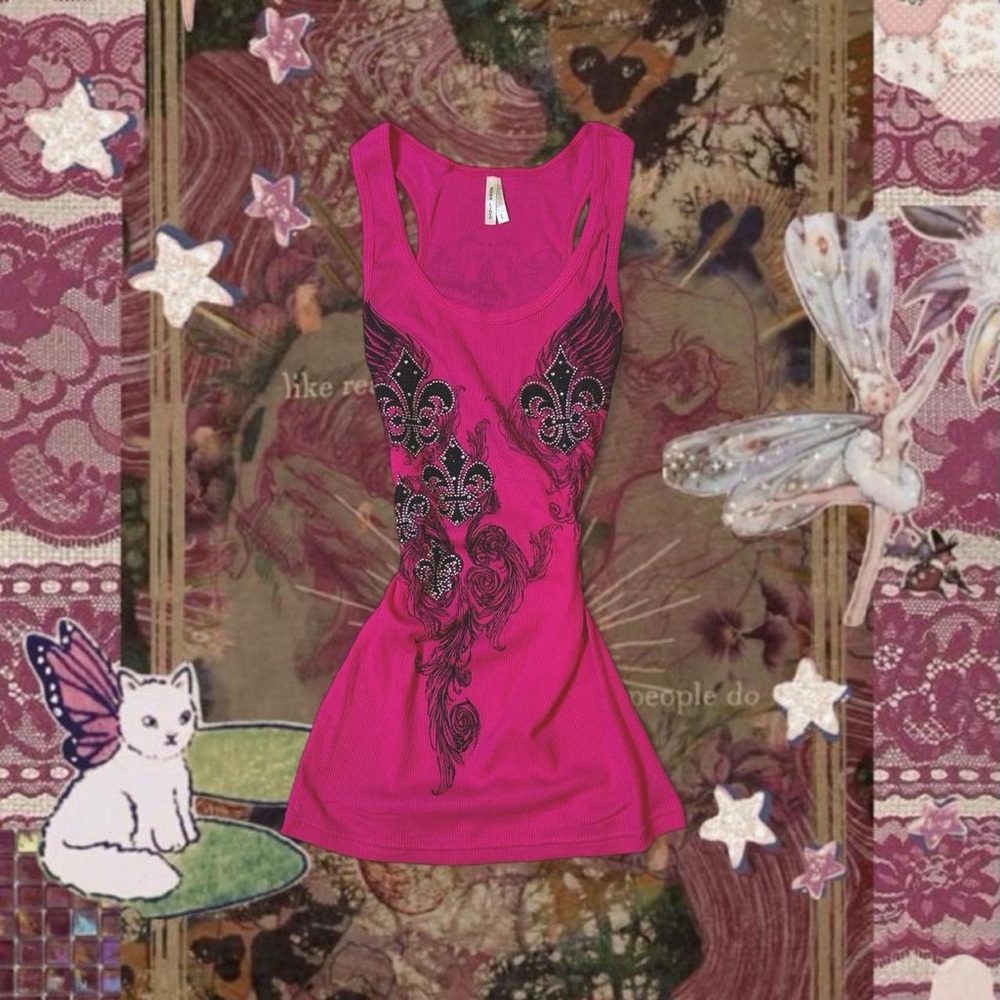 *Sold* Vintage Y2K Deadstock Grunge Bedazzled Fleur de Lis Angel Wings Tank Top